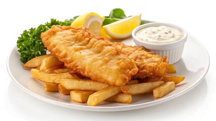 Grilled fish fillets with roasted potato wedges, lemon slices, and a side salad, presented on a decorative plate