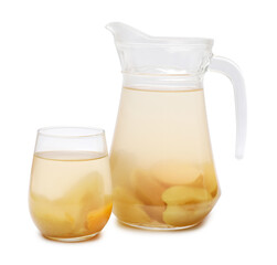 Tasty compot with fruits in glass and jug isolated on white