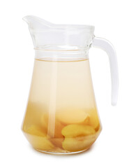 Tasty compot with fruits in glass jug isolated on white