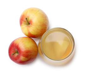 Tasty compot in glass and fresh apples isolated on white, top view