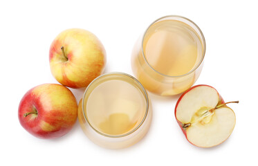 Tasty compot in glasses and fresh apples isolated on white, top view