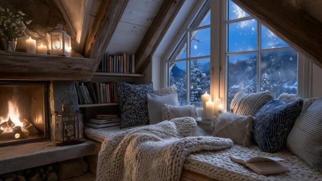 A charming attic reading nook with a glowing fireplace, cozy blanket, and flickering candles, perfect for snowy days.