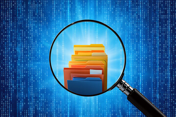 Discover hidden data insights with a magnifying glass focused on vibrant digital folders against a binary code background