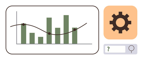 Green bar graph with trend line, gear icon for settings, and search bar represent analysis, optimization, search, strategy, and statistical insights. Ideal for data, analytics trends strategy