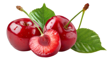 Closeup of fresh and ripe red cherries with leaves isolated on transparent background