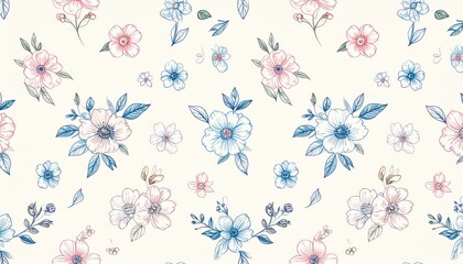 Delicate HandDrawn Floral Pattern with Pink and Blue Sketchy Washes.