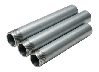 Fototapeta premium Three metallic threaded pipes aligned parallel to each other on transparent background.