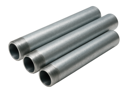 Three metallic threaded pipes aligned parallel to each other on transparent background.