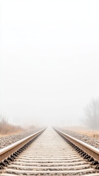 Misty Railway Tracks Disappearing into a Hazy Horizon: A Serene, Foggy Landscape Evoking Solitude and the Promise of an Endless Journey.