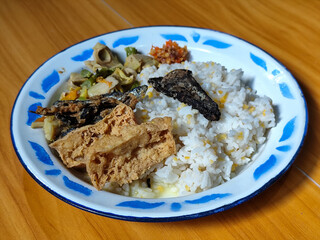 A portion of typical Indonesian mixed rice served on a classic blue and white patterned enamel plate, consisting of corn rice, a piece of dried fish, fried tempeh, stir-fry and chili sauce. Delicious 