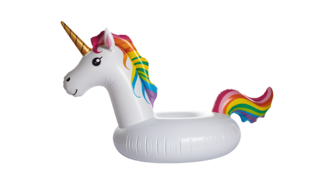 A white inflatable unicorn pool float with rainbow mane and tail on a white background studio shot on transparent background - Powered by Adobe