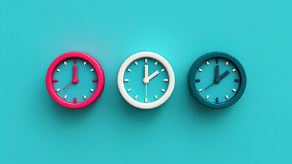 Three colorful clocks showing different times on vibrant background for time management concepts and scheduling solutions, deadline reminders