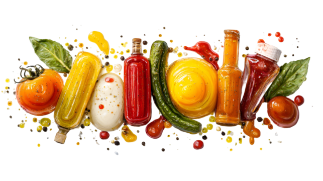Colorful assortment of vegetables, sauces, and condiments isolated on transparent background