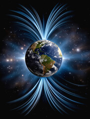 Earth with glowing magnetic field lines on black background – scientific visualization of geomagnetic force