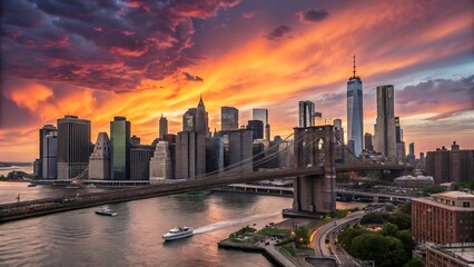 Obraz premium A vibrant new york city skyline featuring the brooklyn bridge at sunset with colorful sky views