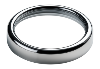 Shiny metallic circular object with a hollow center and a polished reflective surface on transparent background.