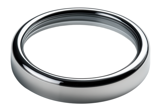 Shiny metallic circular object with a hollow center and a polished reflective surface on transparent background.