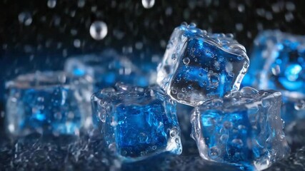 A high-detail image of a blue-tinted glass with clear ice cubes and condensation, set against a black background for dramatic contrast. - Powered by Adobe