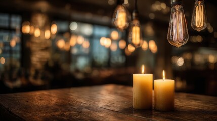 Warm ambiance created by lit candles and edison bulbs in a cozy restaurant setting