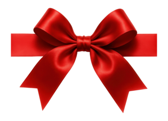 Elegant red satin ribbon bow with loops and tails, perfect for gift wrapping or festive decorations on transparent background.