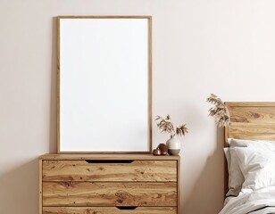 A blank white poster in a wooden frame rests on a wooden dresser in a bedroom setting, next to a bed with white linens.