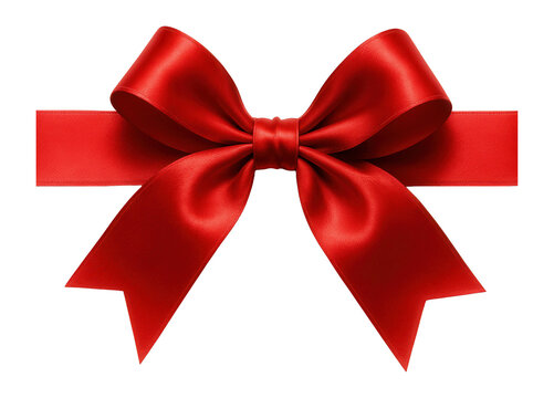 Elegant red satin ribbon bow with loops and tails, perfect for gift wrapping or festive decorations on transparent background.