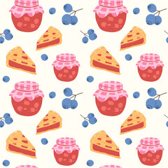cozy seamless pattern with jam, berry pie, and blueberries on a light background