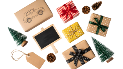 Overhead shot of christmas gifts pine cones and miniature christmas trees on a white background surface on transparent background