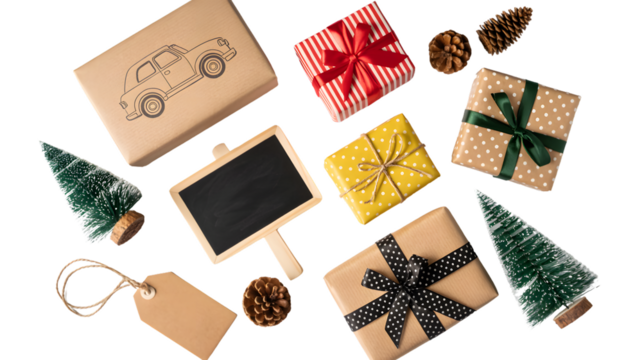 Overhead shot of christmas gifts pine cones and miniature christmas trees on a white background surface on transparent background - Powered by Adobe