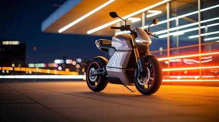 Obraz premium Electric motorcycle glimmers in neon cityscape