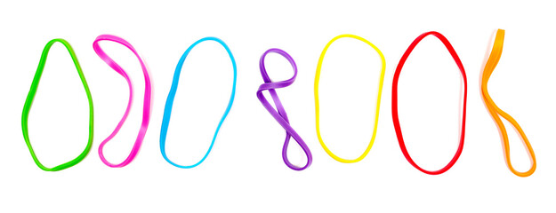 Set colorful rubber bands isolated on white background, top view	