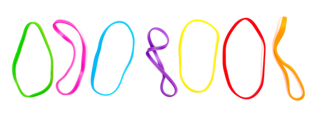 Set colorful rubber bands isolated on white background, top view	