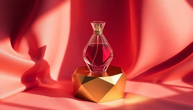 Elegant red elixir showcased on golden pedestal