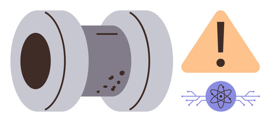 Reactor core cylinder with heat marks, warning sign, and atomic energy icon. Ideal for safety, technology, energy, risk, innovation industry and caution themes. Simple flat metaphor
