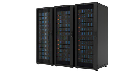 Three black server racks standing side by side against a white background in a studio setting view on transparent background
