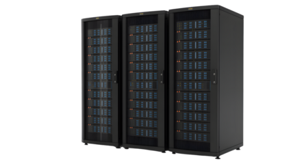 Three black server racks standing side by side against a white background in a studio setting view on transparent background