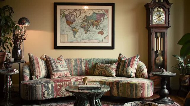 Traditional living room interior featuring a patterned sofa, a grandfather clock, 