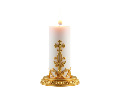 Elegant Lit Candle with Golden Cross and Ornament