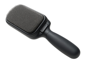 Black grooming brush with a padded handle designed for detangling and brushing hair on transparent background.