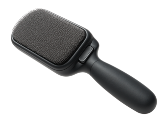 Black grooming brush with a padded handle designed for detangling and brushing hair on transparent background.
