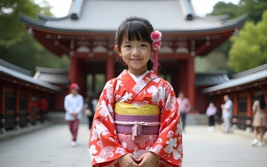Fototapeta premium Young girl wearing Japanese kimono standing in front of Sensoji Temple in Tokyo, Japan. Kimono is a Japanese traditional garment. The word 