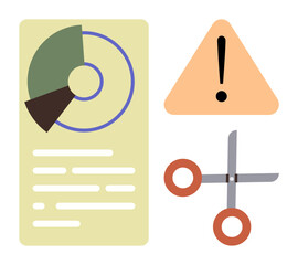 Pie chart report, scissors, and triangular warning sign with exclamation mark. Ideal for risk assessment, data editing, problem-solving, caution, decision-making, productivity simple flat metaphor