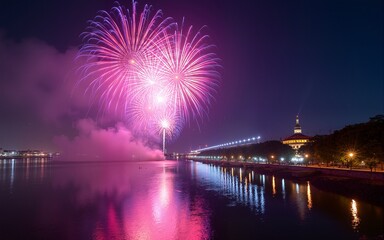 Purple fireworks explode over riverside at summer festival. High quality