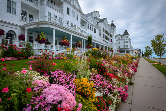 Mackinaw Island, Michigan. USA. July 6, 2015. The beautiful Grand Hotel located on Mackinaw Island opened in 1887. At 660 feet long the hotel boasts of having the largest front porch in the world