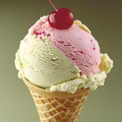 Indulge in a Colorful Ice Cream Cone Topped with a Cherry, Perfect for Sweet Treats and Summer Fun