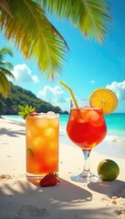 A refreshing glass of amber rum sits on a sun-drenched beach, beside a vibrant tropical drink, with palm trees swaying gently in the warm breeze, suggesting a perfect summer escape , palm trees, ice