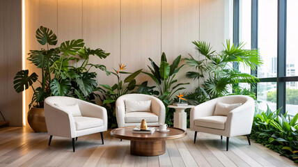 Fototapeta premium Elegant lounge area with comfortable armchairs surrounded by lush green plants for a modern and inviting feel