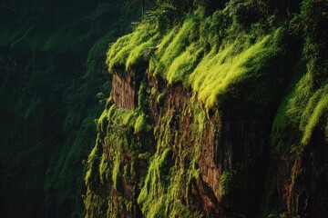 Steep, rocky cliff face covered in vibrant green moss and grass, overlooking a dense valley