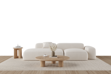 Minimalist White Sofa with Wooden Coffee Table and Rug on Transparent Background with Realistic Shadow
