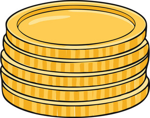 A stack of five golden coins is shown in a cartoon style illustration.